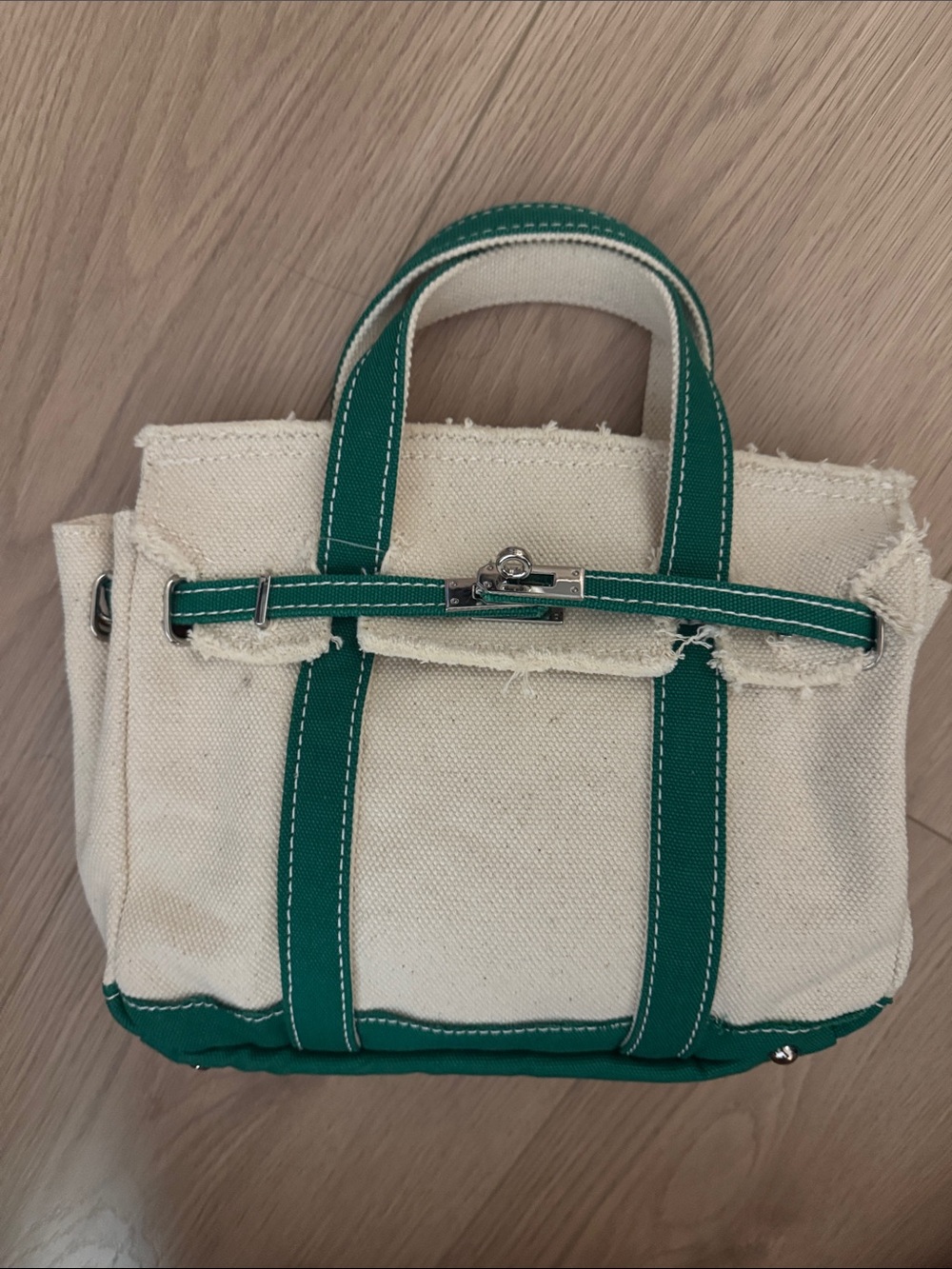Mini Canvas “Boatkin” Tote Bag in Cream with Green Trim